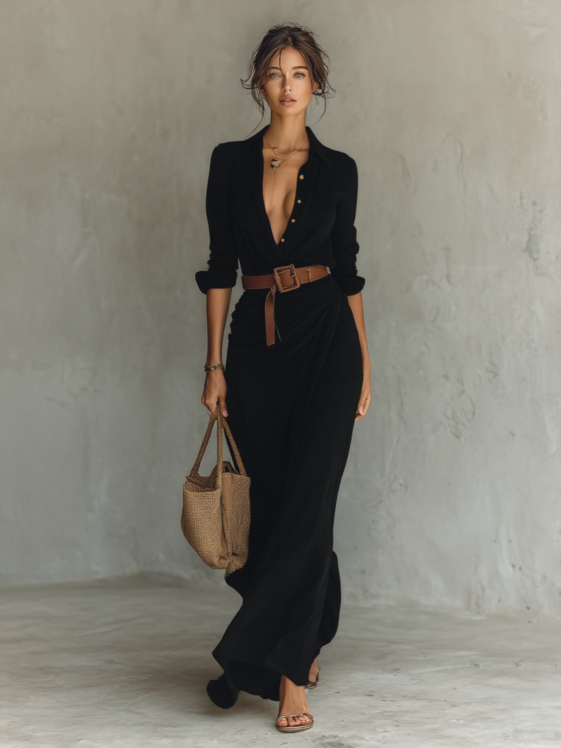 Long-Sleeve Belted Lapel-Collar Maxi Dress