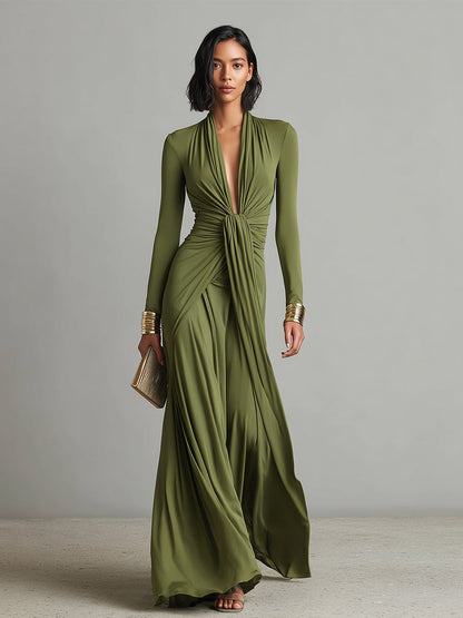 Olive Deep V-Neck Ruched Maxi Dress