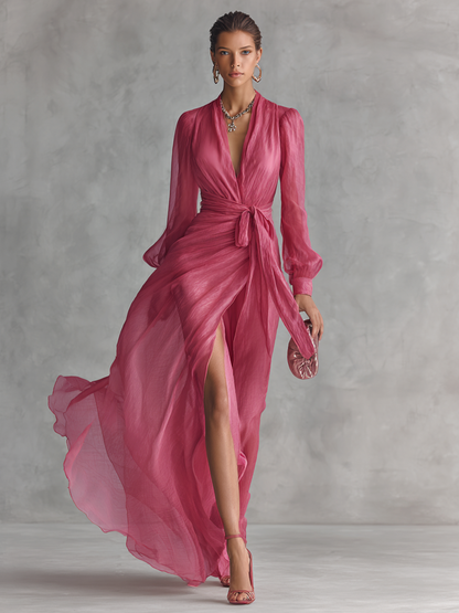Pink V-Neck Chiffon Dress with Knot Detail