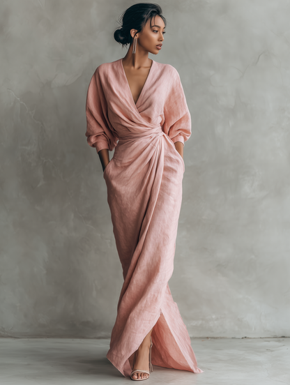 Pink V-Neck Maxi Dress