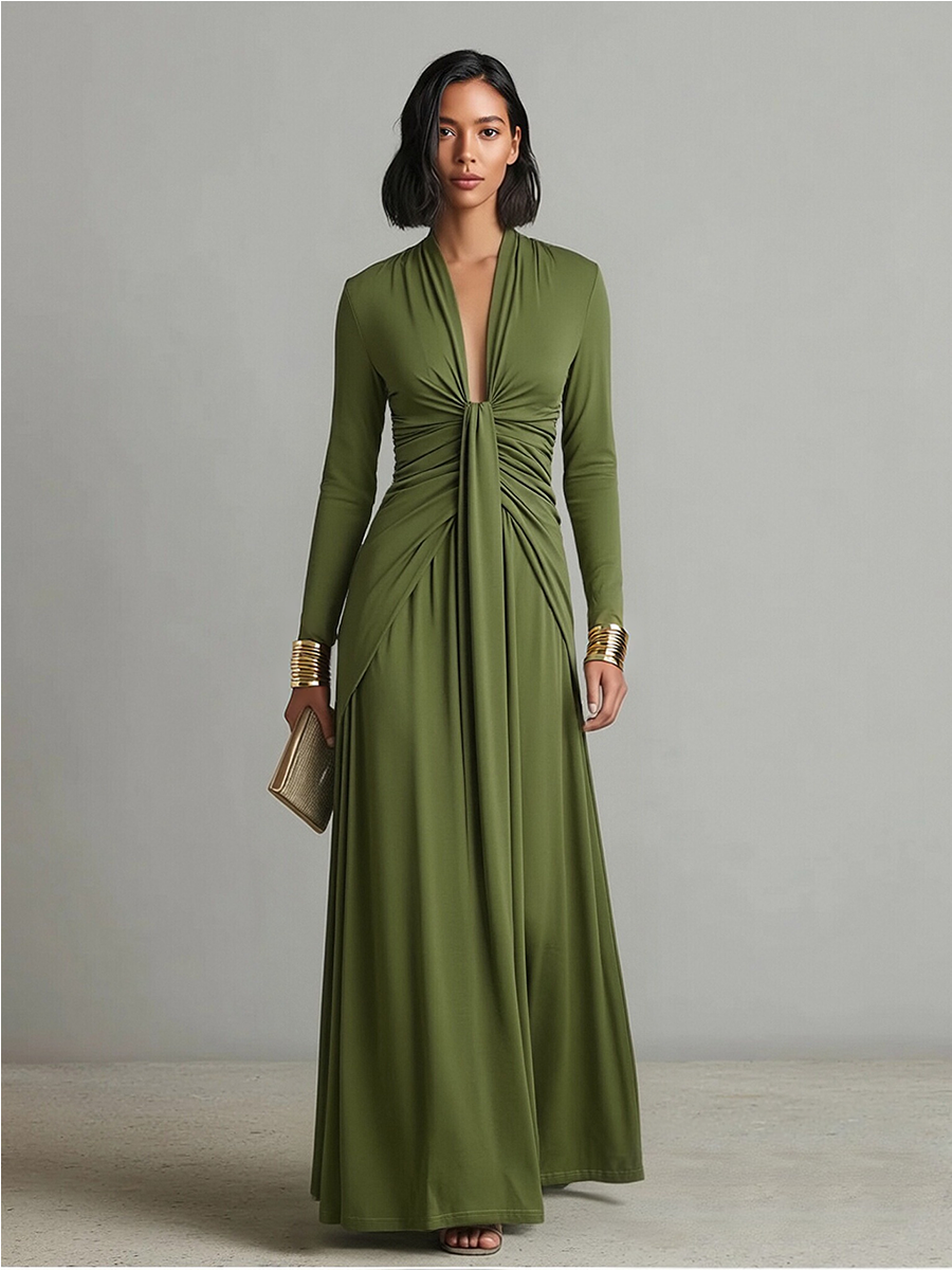 Olive Deep V-Neck Ruched Maxi Dress