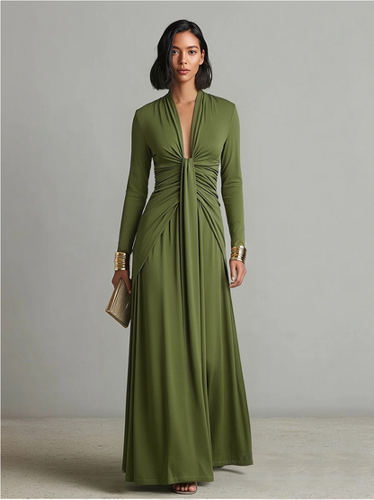 Olive Deep V-Neck Ruched Maxi Dress