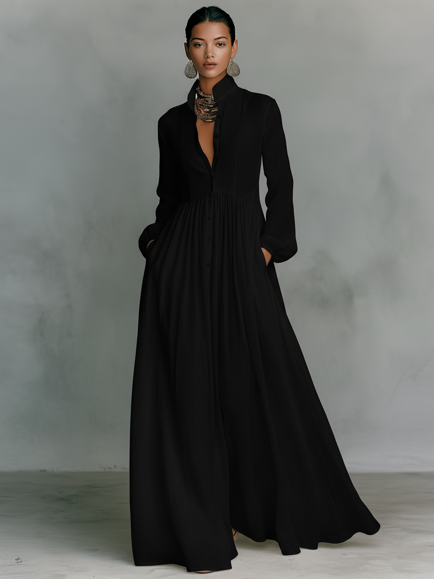 Stand-Collar Patchwork Maxi Dress