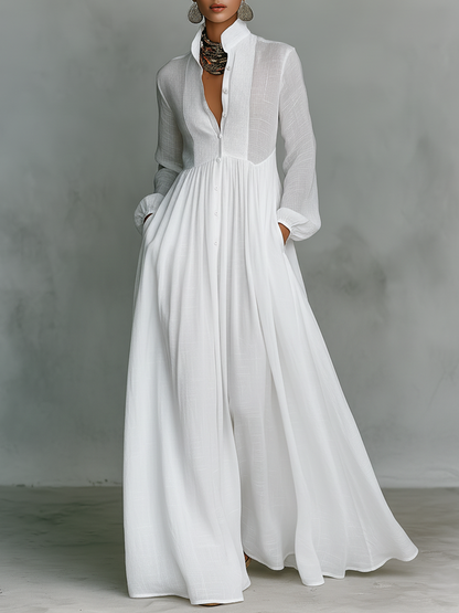 Stand-Collar Patchwork Maxi Dress