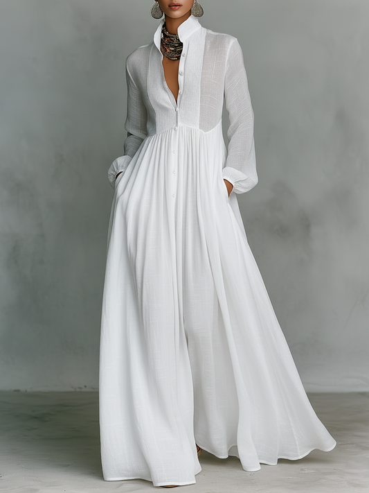 Stand-Collar Patchwork Maxi Dress