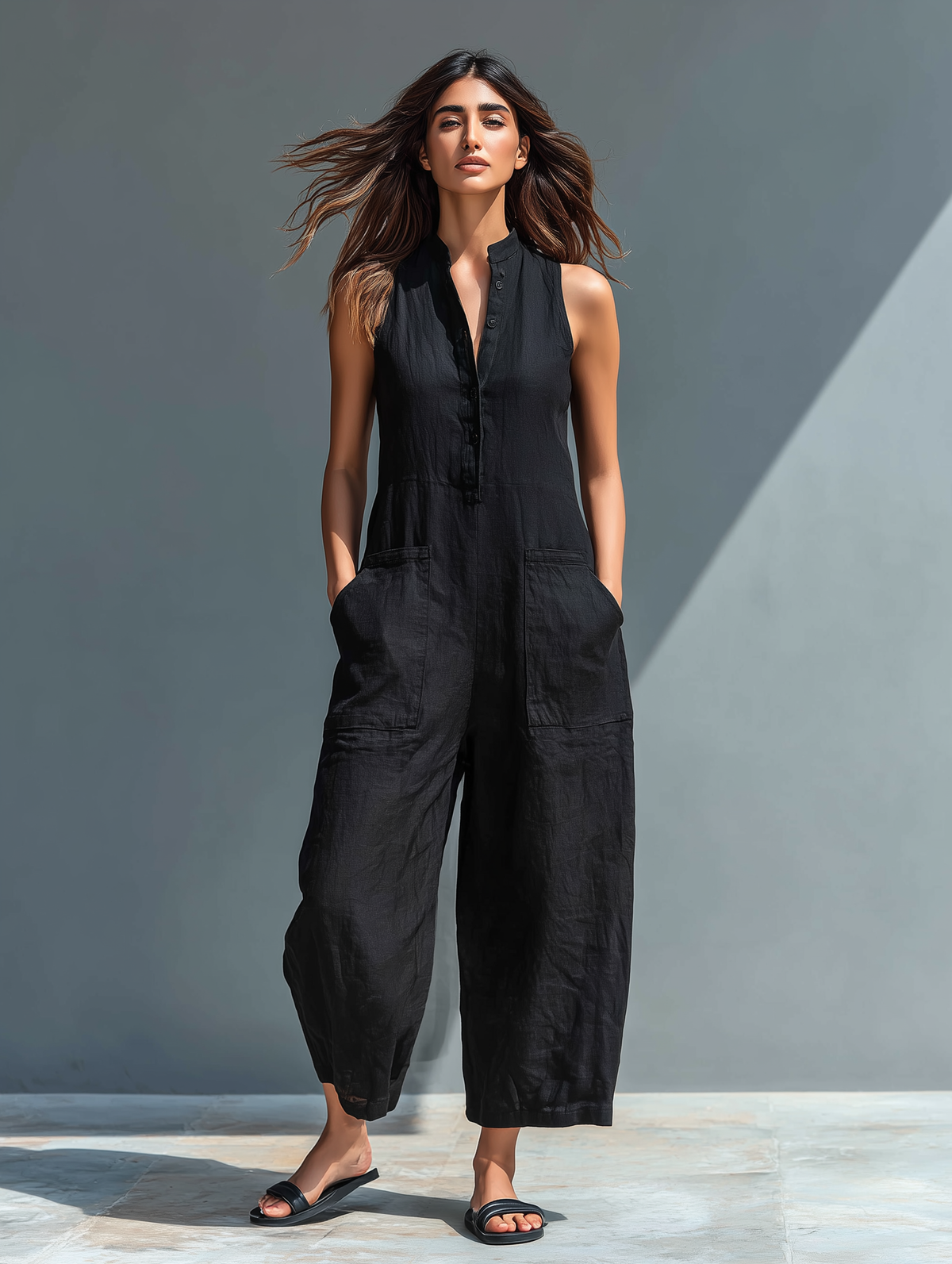 Sleeveless High-Neck Button-Front Jumpsuit