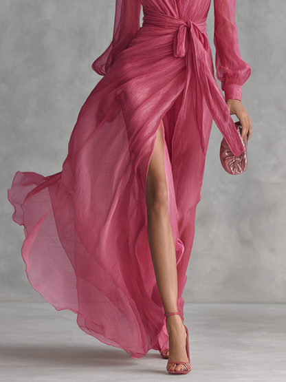 Pink V-Neck Chiffon Dress with Knot Detail