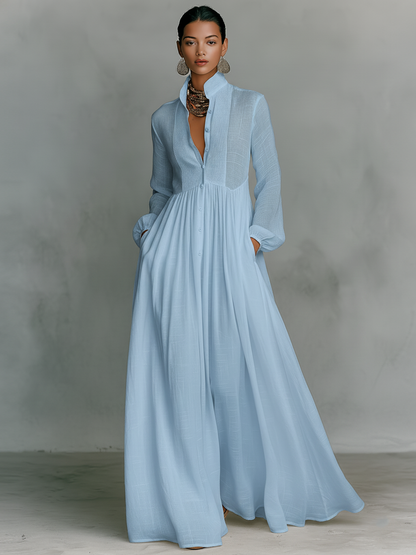 Stand-Collar Patchwork Maxi Dress