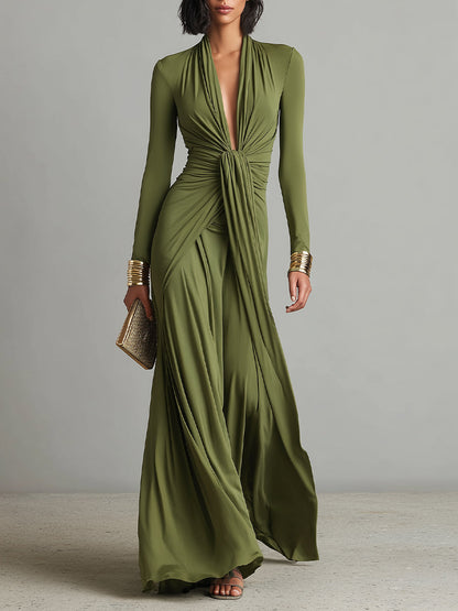 Olive Deep V-Neck Ruched Maxi Dress