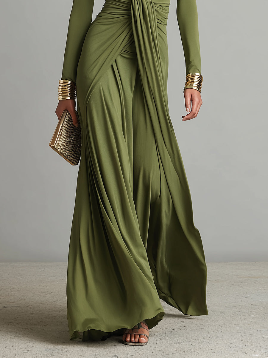 Olive Deep V-Neck Ruched Maxi Dress