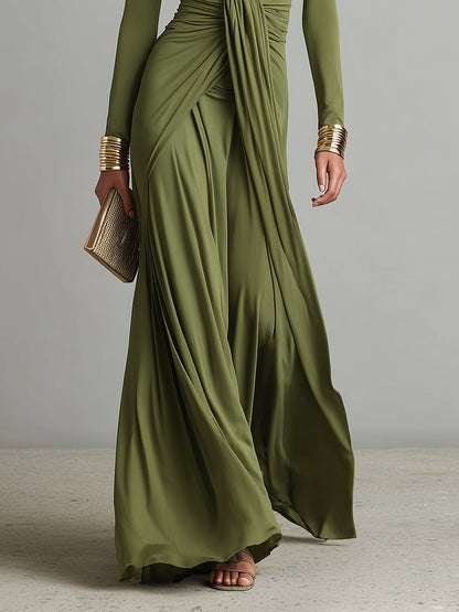 Olive Deep V-Neck Ruched Maxi Dress