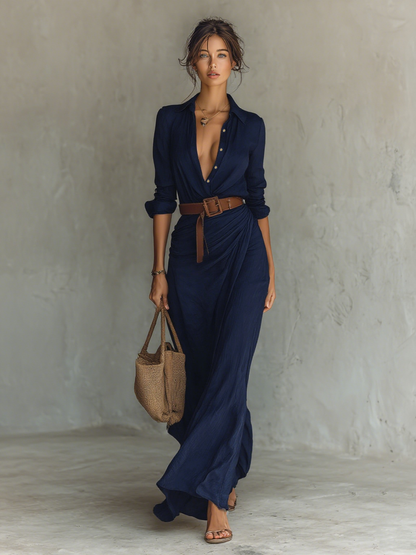 Long-Sleeve Belted Lapel-Collar Maxi Dress