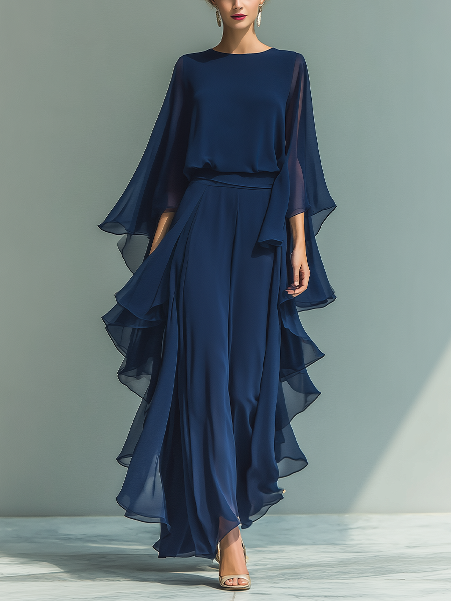 Navy Chiffon Ruffle Co-ord Set