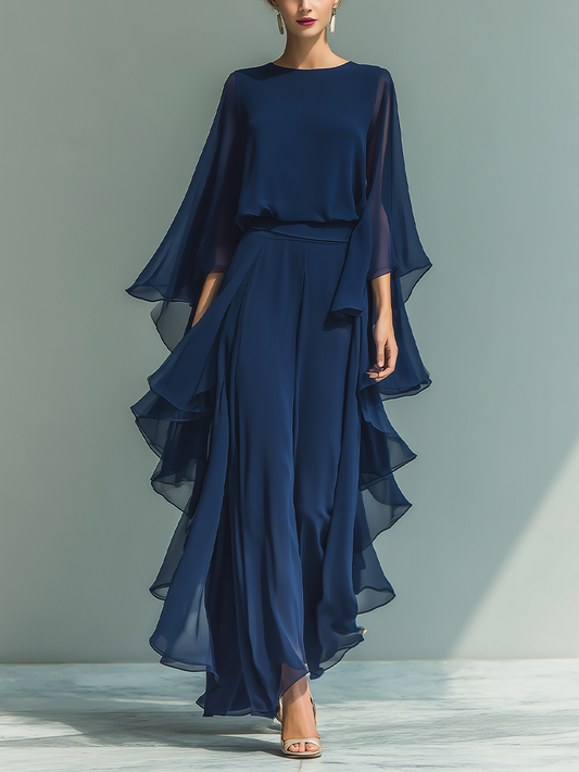 Navy Chiffon Ruffle Co-ord Set