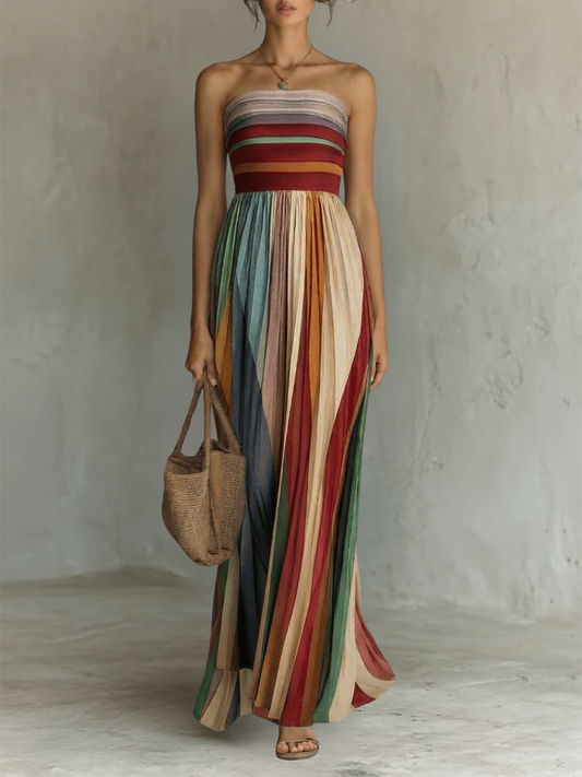 Colourful Strapless Pleated Maxi Dress