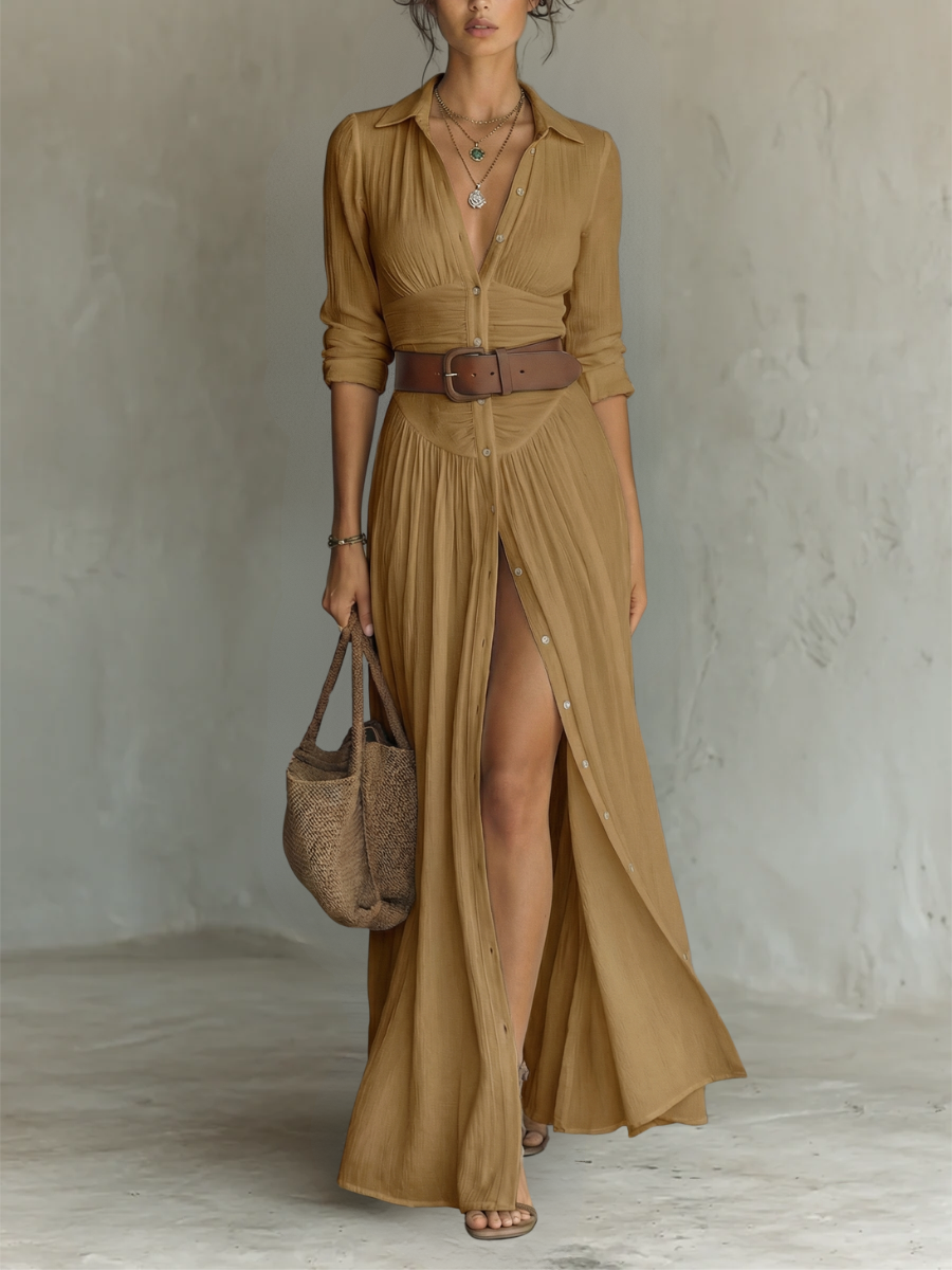 Long-Sleeve Lapel-Collar Pleated Maxi Dress