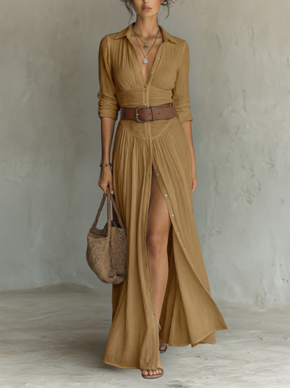 Long-Sleeve Lapel-Collar Pleated Maxi Dress