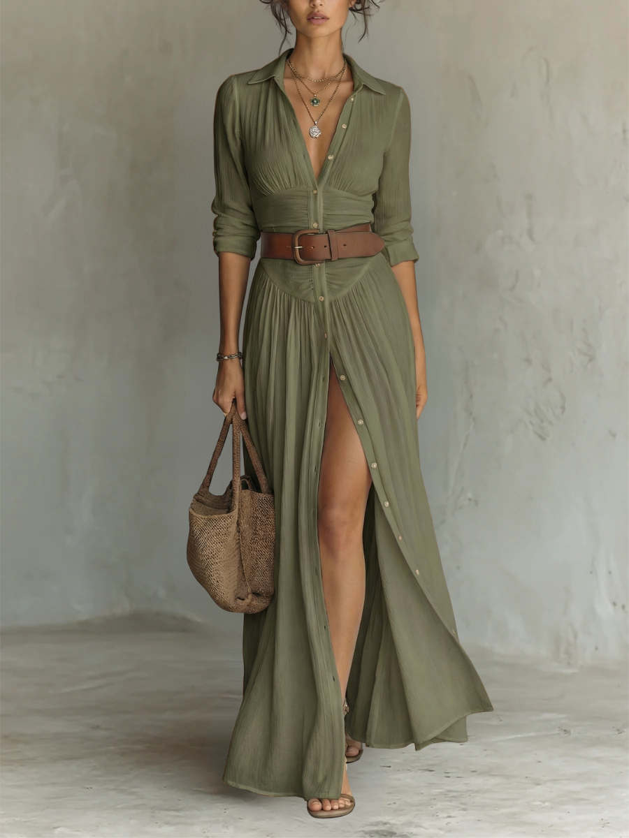 Long-Sleeve Lapel-Collar Pleated Maxi Dress