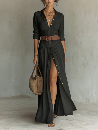 Long-Sleeve Lapel-Collar Pleated Maxi Dress