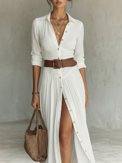 Long-Sleeve Lapel-Collar Pleated Maxi Dress