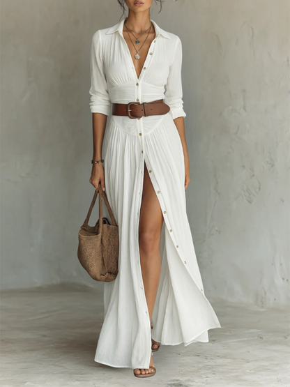 Long-Sleeve Lapel-Collar Pleated Maxi Dress