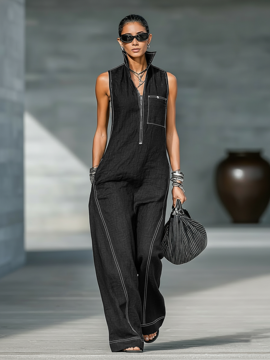 Sleeveless Wide-Leg Jumpsuit with White Trim