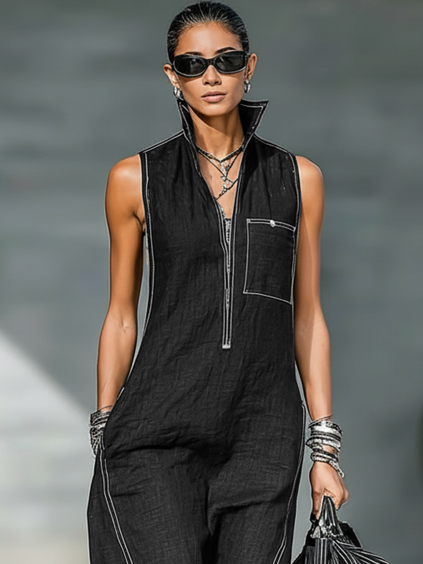 Sleeveless Wide-Leg Jumpsuit with White Trim