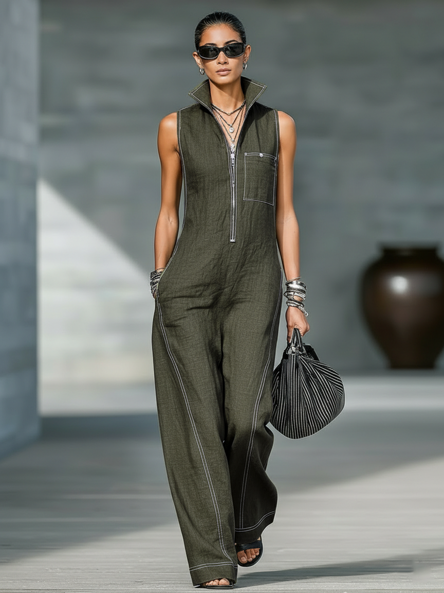 Sleeveless Wide-Leg Jumpsuit with White Trim