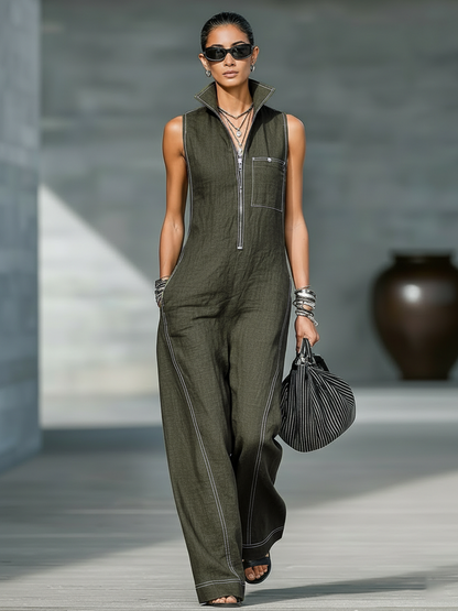 Sleeveless Wide-Leg Jumpsuit with White Trim