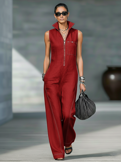 Sleeveless Wide-Leg Jumpsuit with White Trim