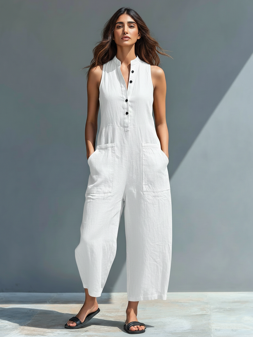 Sleeveless High-Neck Button-Front Jumpsuit