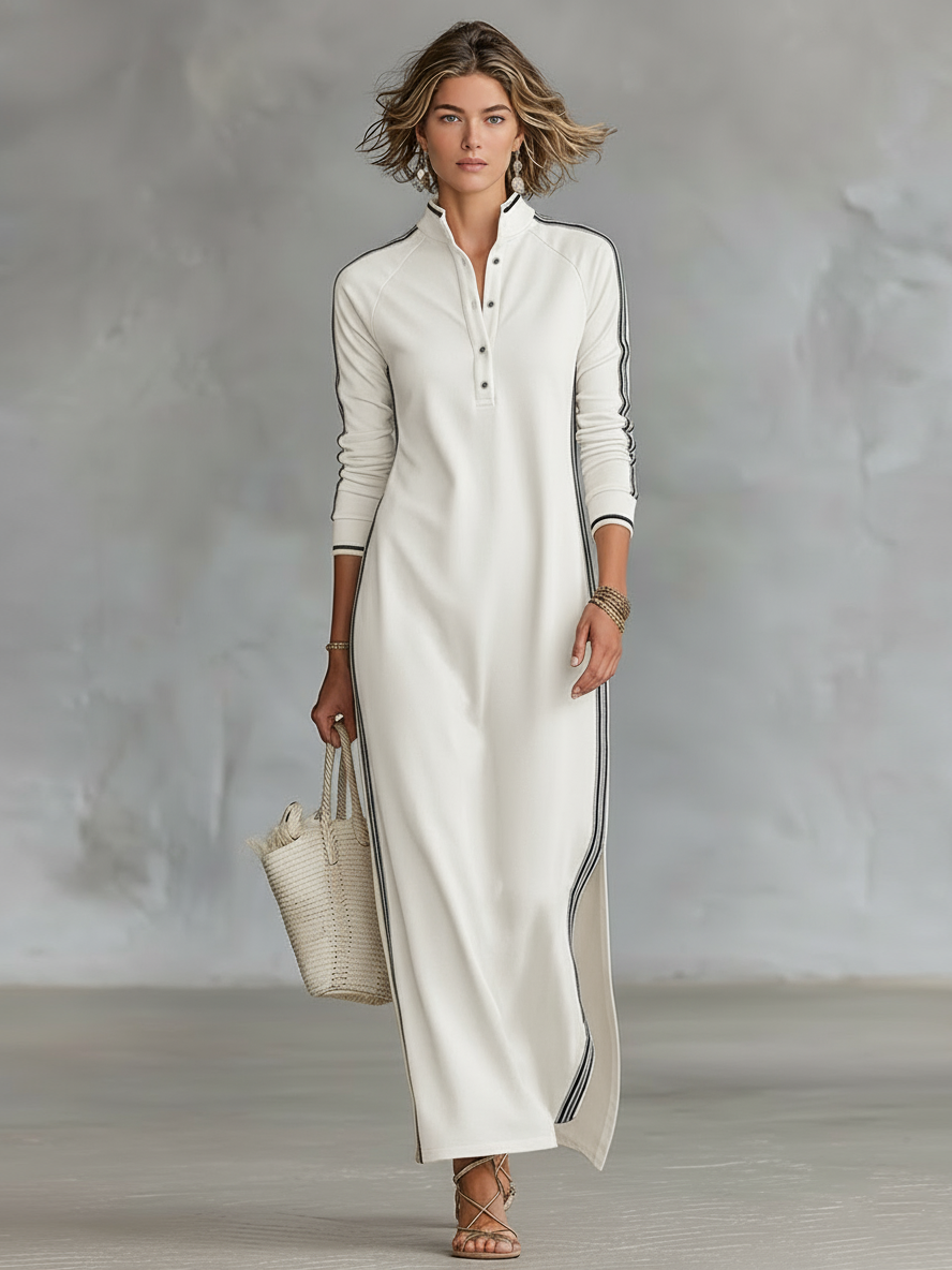 Button-Collar Sweatshirt Maxi Dress