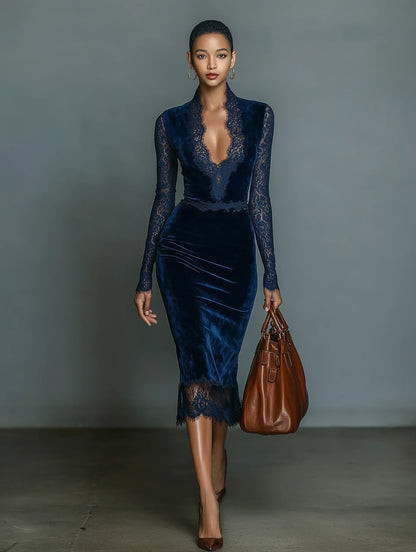 Lace-Trim V-Neck Velvet Midi Dress