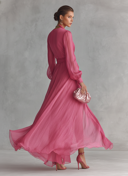 Pink V-Neck Chiffon Dress with Knot Detail