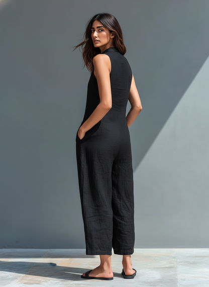 Sleeveless High-Neck Button-Front Jumpsuit
