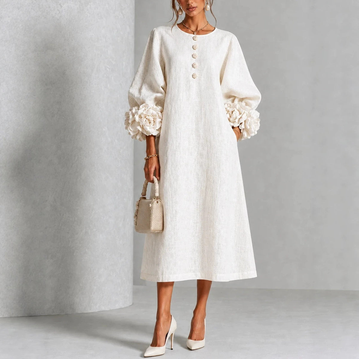 Clara | Floral-Cuff Midi Dress