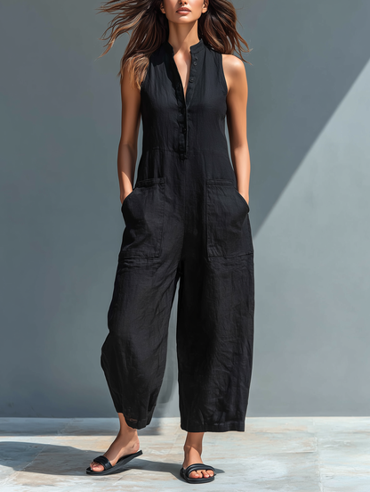 Sleeveless High-Neck Button-Front Jumpsuit