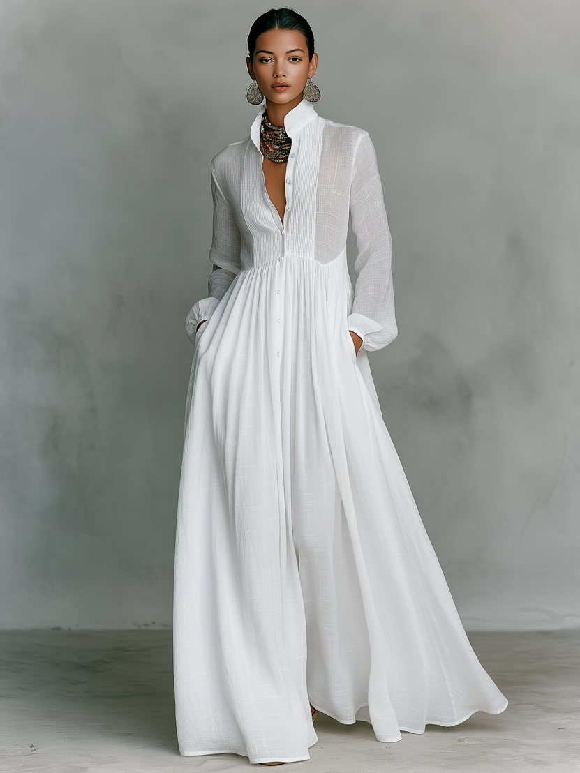 Stand-Collar Patchwork Maxi Dress