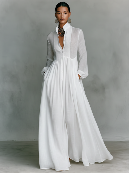 Stand-Collar Patchwork Maxi Dress