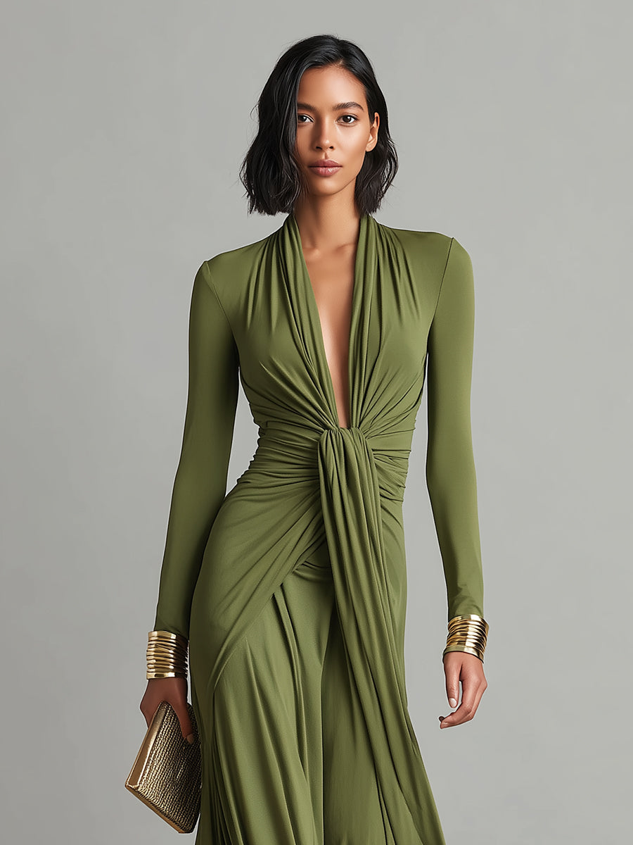 Olive Deep V-Neck Ruched Maxi Dress