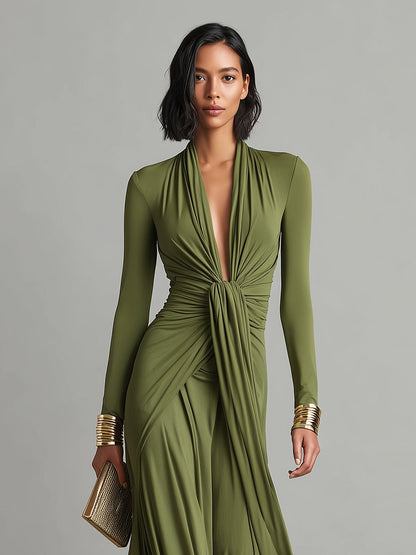 Olive Deep V-Neck Ruched Maxi Dress