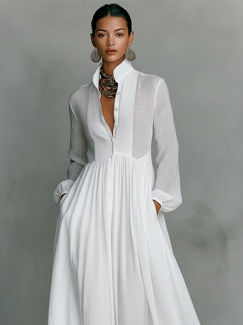 Stand-Collar Patchwork Maxi Dress