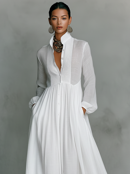 Stand-Collar Patchwork Maxi Dress