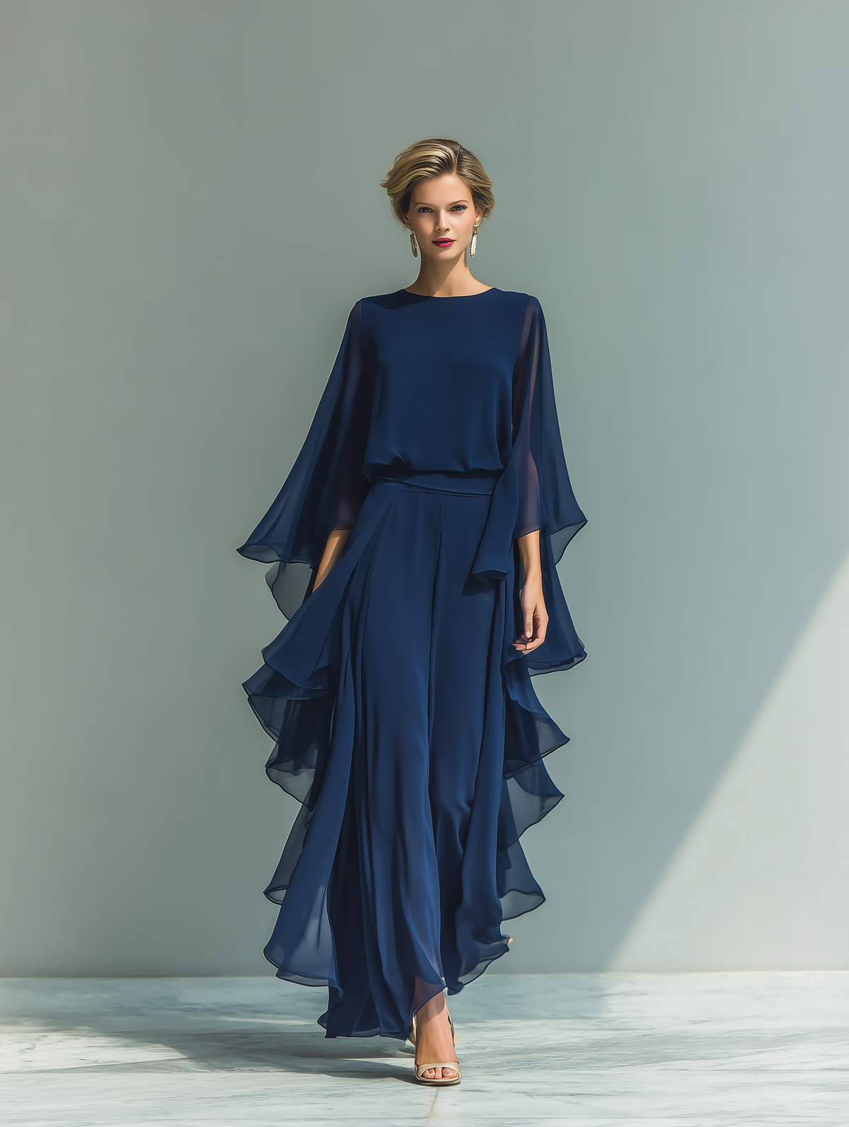 Navy Chiffon Ruffle Co-ord Set