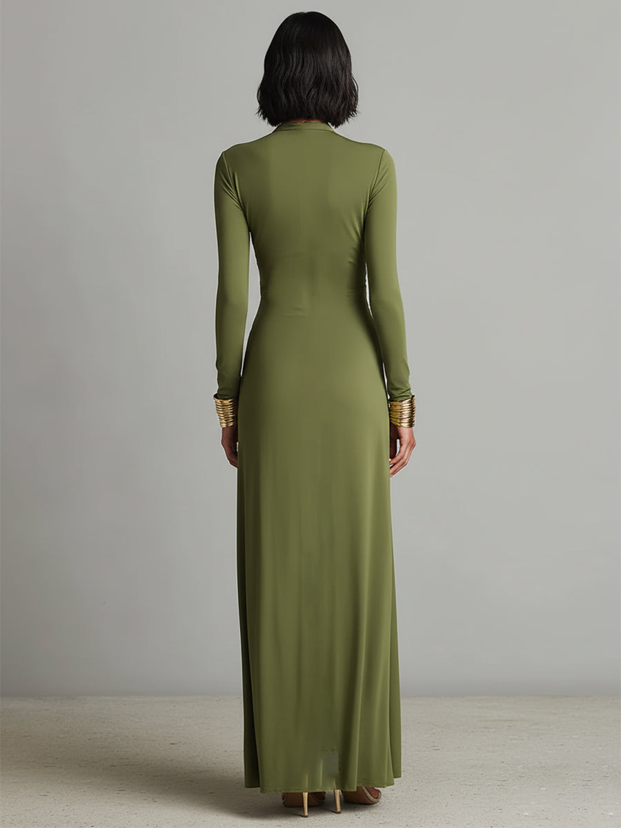 Olive Deep V-Neck Ruched Maxi Dress