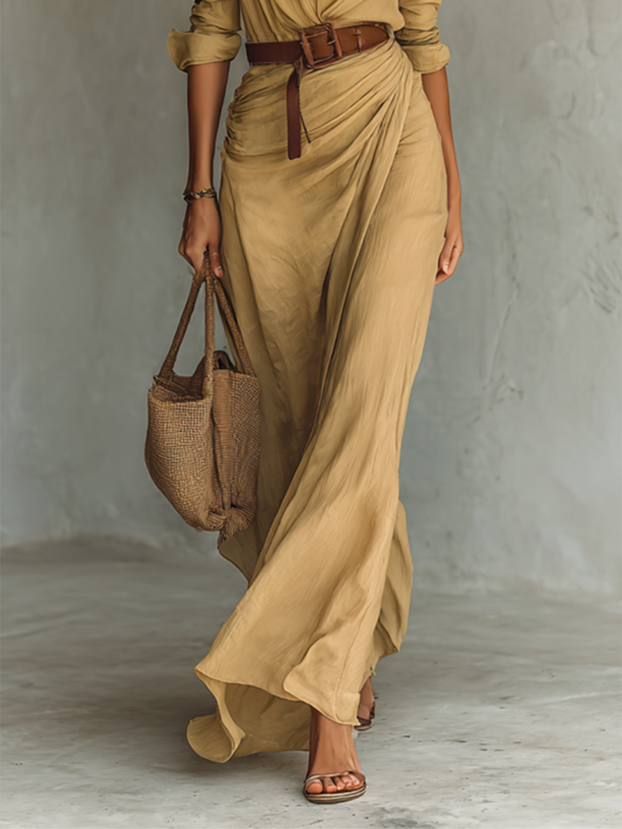 Long-Sleeve Belted Lapel-Collar Maxi Dress