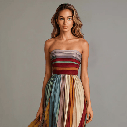 Colourful Strapless Pleated Maxi Dress