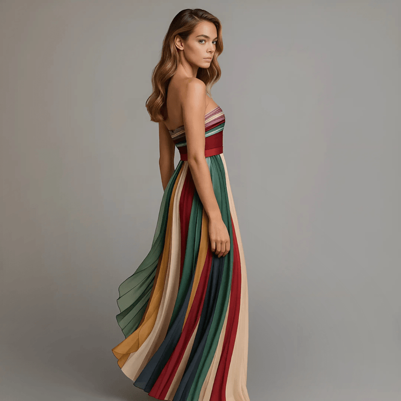 Colourful Strapless Pleated Maxi Dress