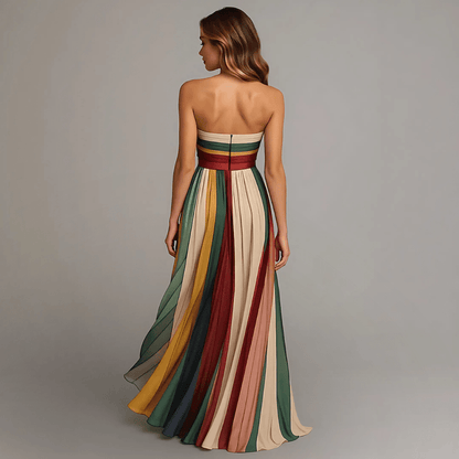 Colourful Strapless Pleated Maxi Dress