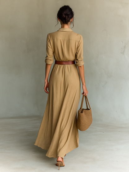 Long-Sleeve Belted Lapel-Collar Maxi Dress